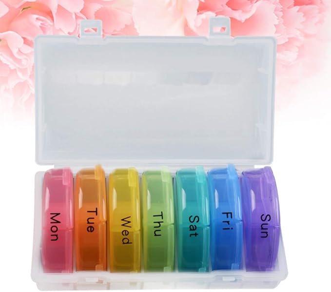 EXCEART Rainbow 21 Compartments Weekly Pill Organizer Portable Medicine Dispenser Round Vitamin Container Travel Holder for Daily Pill Storage