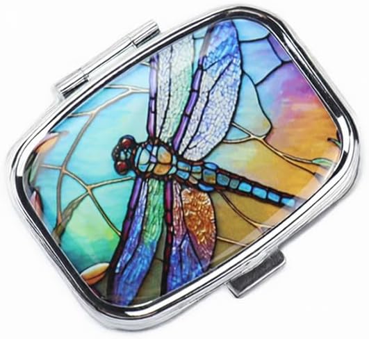 WATASSA Pill Box with Animal Style Mirror All-in-One 2-Compartment Portable Medicine Organizer, Marble Pattern Travel Pill Case for Vitamins&Daily Medication(Fits Pocket/Purse) (Iridescent Dragonfly)