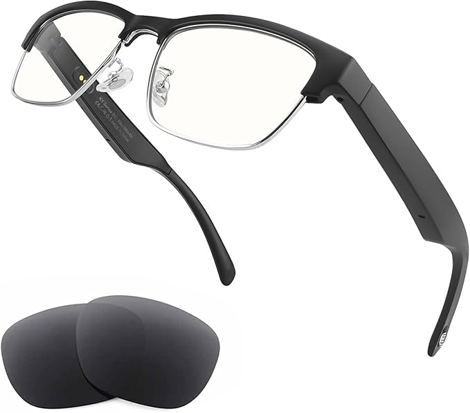 Bluetooth Audio Smart Glasses - Blue Light Glasses for Women and Men, Open Ear Sound with Mic & Speakers, Blue Light Filter & Polarized Sunglasses Lenses，Silver
