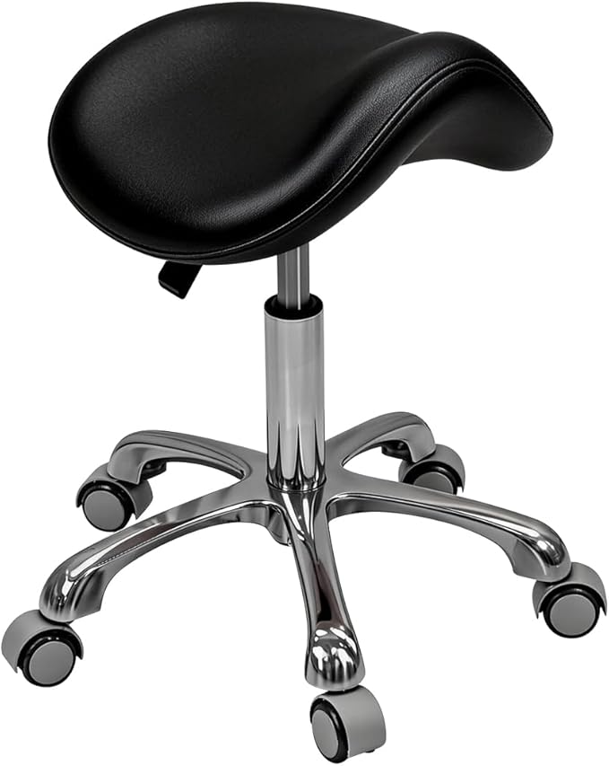 Saddle Stool Rolling Chair for Medical Massage Salon Kitchen Spa Drafting,Adjustable Hydraulic Stool with Wheels (Black, Without Backrest)
