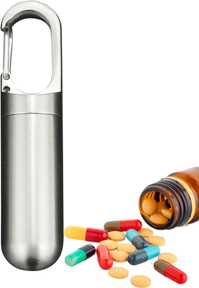 Keychain Pill Container Titanium, Pill Holder Travel Hide Portable Pill Case BPA Free, Waterproof Pill Fob Capsule, Small Pocket Size Pills Carrier for Outdoor Emergency First Aids