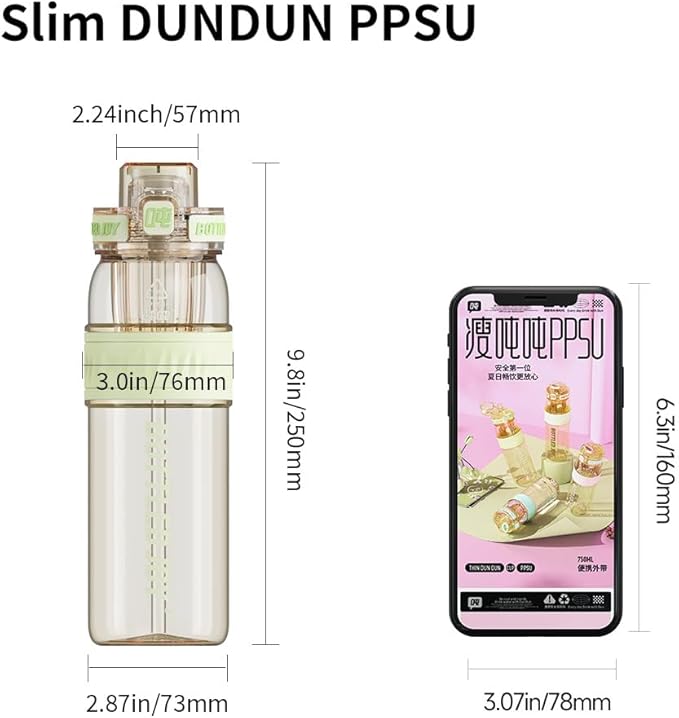 BOTTLE JOY 26oz PPSU Water Bottles with Straw and Strap Double drinking mouth Bottle with Suck and Drink, BPA Free Reusable Sports Water Bottle for Hiking Travelling Running Fitness 750ml (Pink)