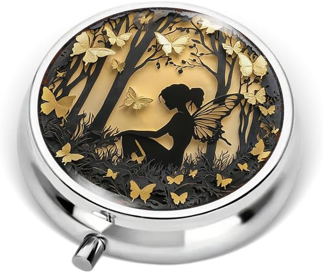 Portable Round 3 Compartment Metal Pill Box Enchanted Fairy & Butterflies Print Ideal for Office Kitchen Travel and Daily Medication Management