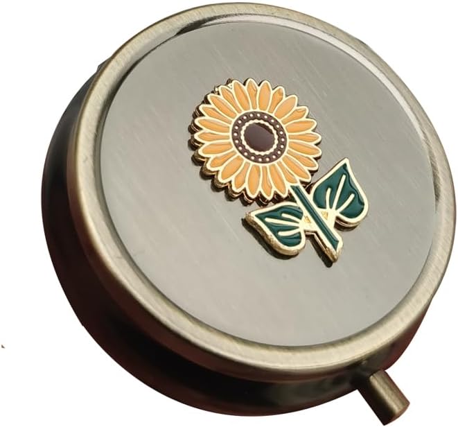 Sunflower Travel Pill Box Organizer - Cute Daily Medicine Pill Box for Purse, Round Vintage Vitamin Pill Organizer for Pocket,Bronze Metal Pill Case Portable Pill Holder Storage (Sunflower)