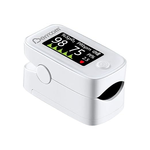 Berrcom Fingertip Pulse Oximeter with LED Display & Multi-Parameter Tracking (SpO2, PR, PI), Fast & Accurate Blood Oxygen Monitor, Includes Batteries & Lanyard (White)