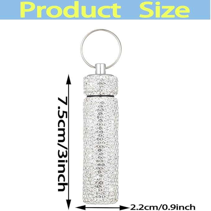 Bling Rhinestone Pill Case Portable Waterproof Pocket Pill Holder Bottle Storage with Keychain for Travel, Outdoor, Camping (White)