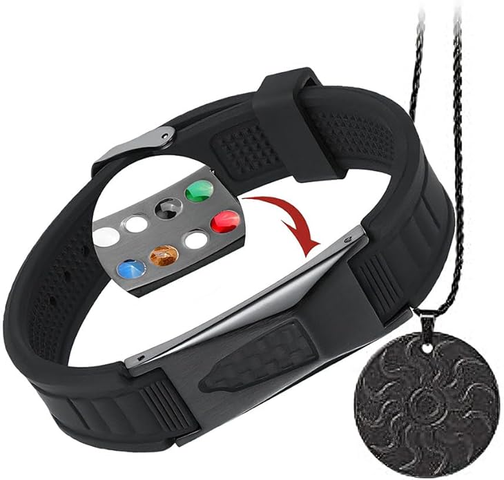 Protection Necklace and Bracelet (Set), Phone - Wifi - Wristband for Well-being - 7 Natural Energy Elements, Magnetic Bracelet - Waterproof and Fits All Wrists, Circulation, Energy & Balance (Black)