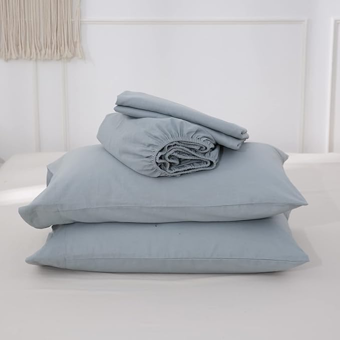 Simple&Opulence Belgian Linen Sheet Set Solid Color - 3 Pieces (1 Flat Sheet, 1 Fitted Sheet & 1 Pillowcase) Natural Flax Cotton Blend Soft Breathable Farmhouse Bedding - Twin Size, Dusty Blue