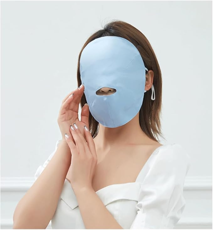 100% Silk Full Face Sleep Mask Double-Layer Silk Fabric Skin Care Lightweight 19 Momme Sun-Proof Sleeping Masks with Ear Hanging Elastic Strap for Women Men (Blue)