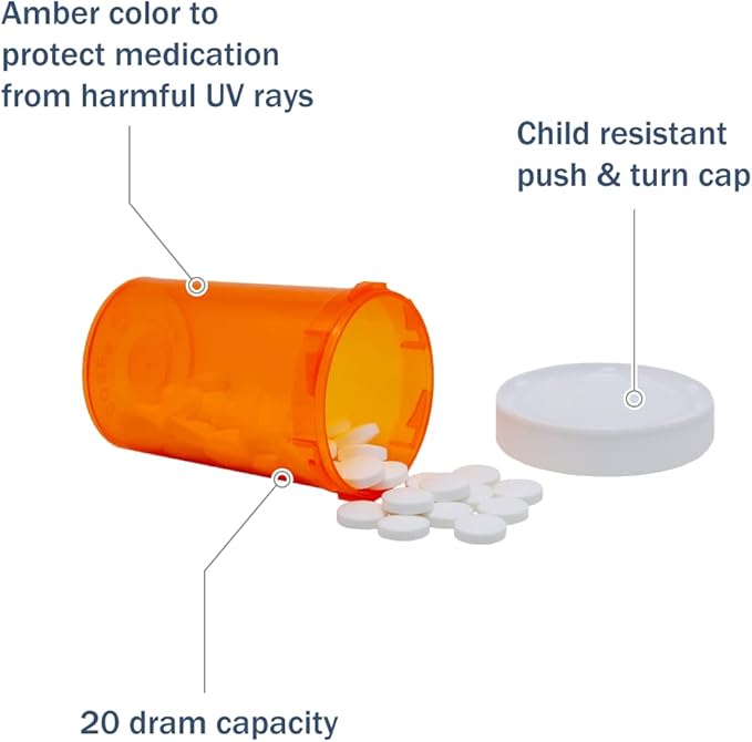 Ezy Dose Pill, Medicine, Vitamin Container & Vial, 20 Dram Storage, Child-Resistant Cap (Case of 180)