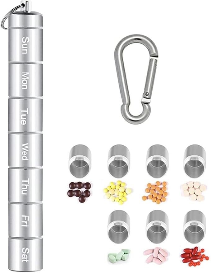 Tvoip Portable Pill Case Keychain Waterproof 7 Days Pill Holder Travel Pill Container Portable Medicine Keychain Daily Airtight Pill Organizer for Outdoor Camping Travel (Silver)