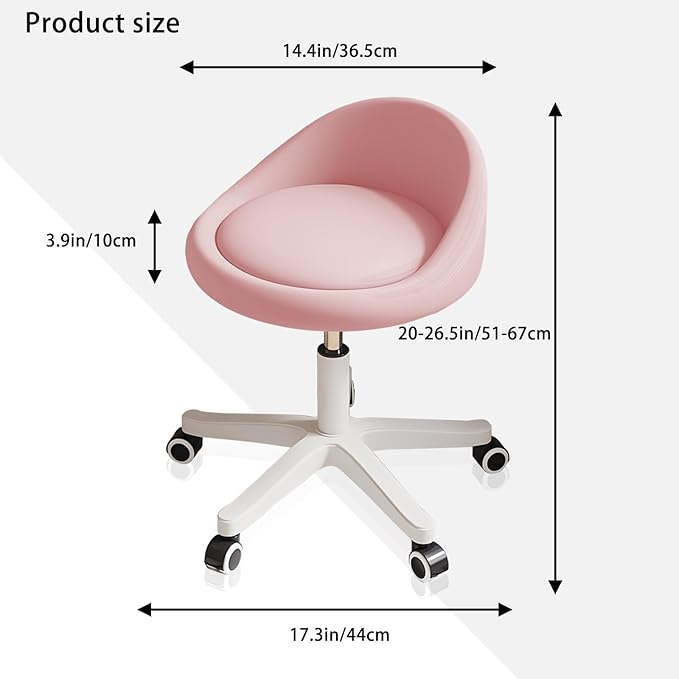 Rolling Stool Set of 2– Ergonomic Swivel Seat, Adjustable Height, Ultra-Quiet Wheels, Padded PU Leather Cushion, for Salon, Office, Massage & Medical Use Pink