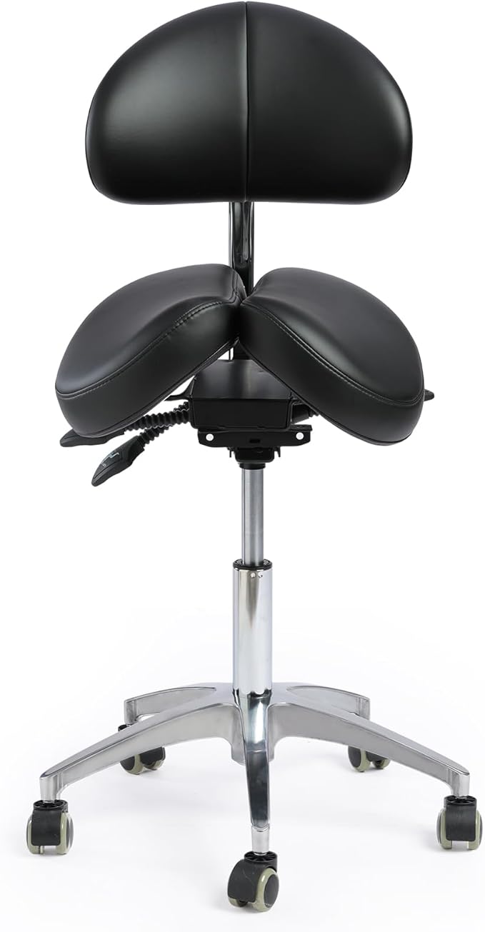 Saddle Stool with Wheels,Rolling Stool with Back Support&Split Seats,Ergonomic Stool Saddle Stool for Hair Stylist for Dentist Salon Tattoo(Black with Split Seats)