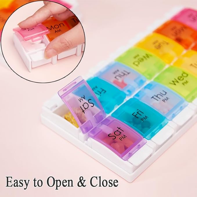 Push Button 7-Day Pill Case, Daily Medicine Planner, Travel Vitamin Organizer, Twice a Day AM PM 14 Compartments Pill Box Reminder for Fish Oil, Supplement, Arthritis Friendly, Colorful Lids
