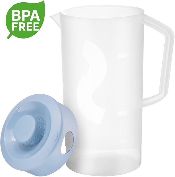 Tribello Pitcher with Lid Half Gallon, Clear Round Plastic Water Pitcher with 3-Way Lid, Ideal for Lemonade, Ice Tea, and Drinks, Freezer/Dishwasher Safe, and BPA Free (0.5 Gallon/2 Liters)