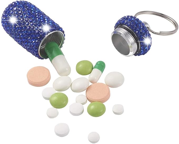 XhuangTech Waterproof Keychain Pill Box Bling Round Medicine Organizer Holder Container Aluminum Portable Mini Bottle Storage Case for Outdoor Travel Camping Purse Pocket (Deep Blue)