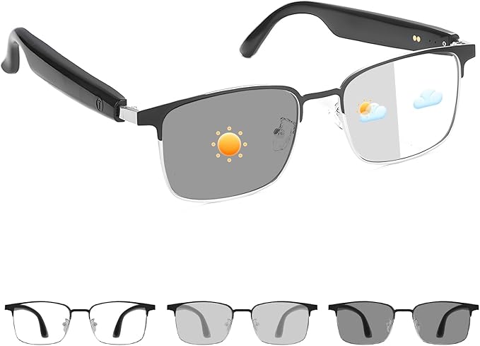 Smart Glasses for Men and Women, Open-Ear Audio Bluetooth Glasses with Photochromic Lenses, Built-in Mic and Speakers for Music and Calls, Compatible with iOS and Android – Silver