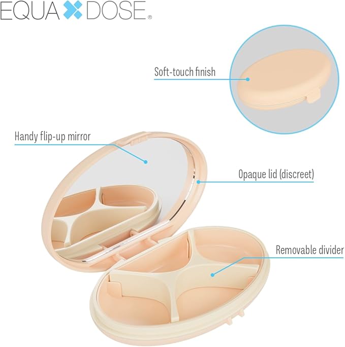 EQUADOSE Oval Compact Pill Case, Portable Organizer with Mirror, Travel Medication Holder with Removable Divider, Small Storage Case for Pills, Vitamins, Earbuds, Jewelry & Daily Essentials, Peach