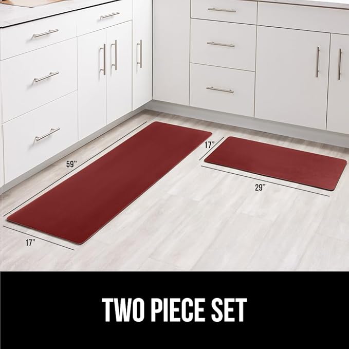 GORILLA GRIP 2 Pack Comfortable Cushioned Kitchen Mats for Floor, 17x29 + 17x59, Waterproof and Stain Resistant, 1/2 Inch Thick Ergonomic Standing Desk Anti Fatigue Mat, Foam Supports Feet, Red