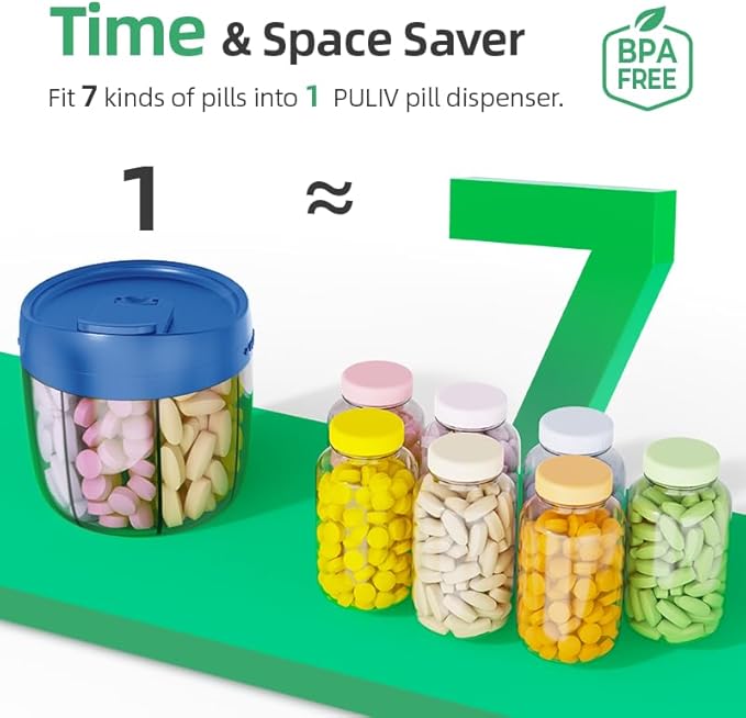 PULIV Portable Pill Dispenser Bottle, Vitamin Organizer with 7 Compartments, Holds Plenty of Supplements with Anti-Mixing & Wide Openings Design, Easy to Retrieve Meds, Includes 20 Labels Royal Blue