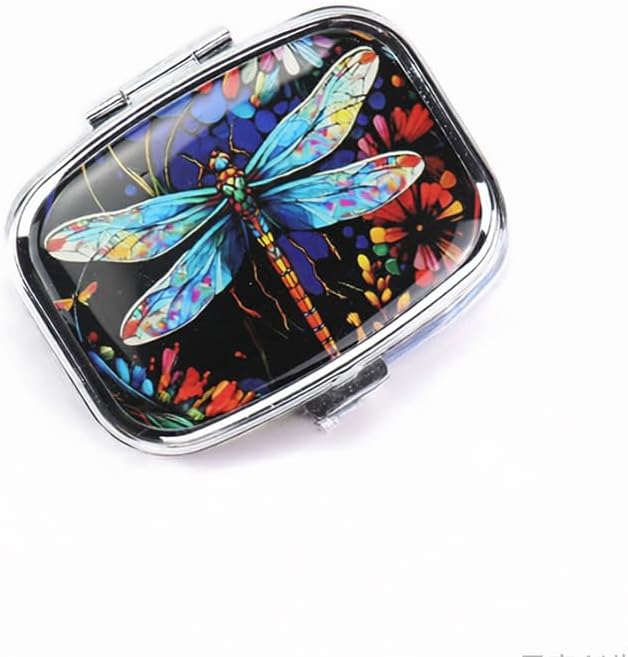WATASSA Pill Box with Animal Style Mirror All-in-One 2-Compartment Portable Medicine Organizer, Marble Pattern Travel Pill Case for Vitamins&Daily Medication(Fits Pocket/Purse) (Jewel-toned Dragonfly)