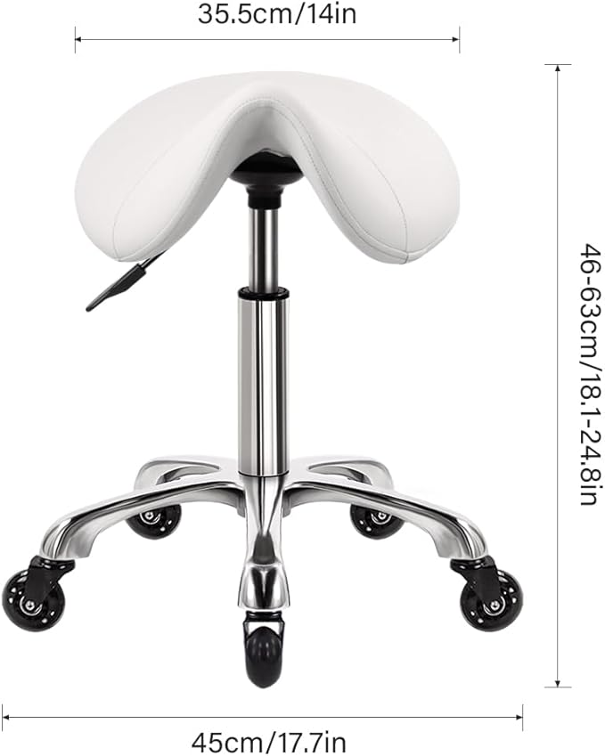 Heavy Duty Saddle Rolling Stool with Wheels Hydraulic Swivel Adjustable Rolling Chair Ergonomic Thick Leather Seat Stool Chair for Kitchen Drafting Lab Office Salon Massage Chair – White
