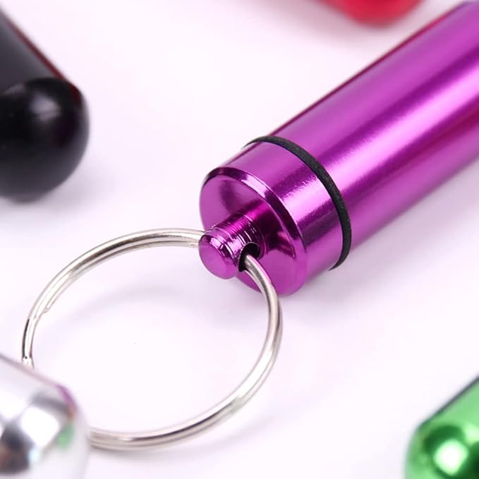AKOAK 2 Pcs Colorful Round Aluminum Alloy Pill Bottle, Emergency Jar, Waterproof Outdoor Travel Portable Pill Bottle Key Chain (Purple)