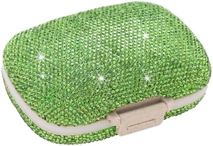 Daily 6 Compartments Pill Box Container Bling Diamond for Purse Medicine Container Holder for Women Travel Kit Medicine (Green)