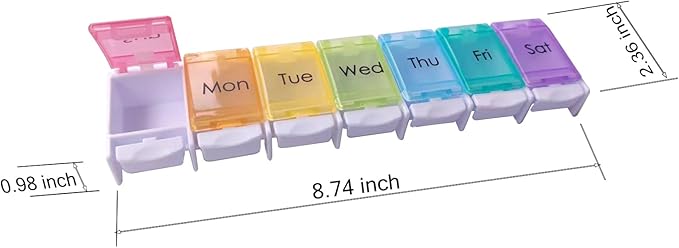 Extra Large Weekly 7 Day Pill Organizer with Spring Open Design,Push Button Pill Box with Rainbow lids,Portable Medicine case and 7 Large Compartment for Travel.