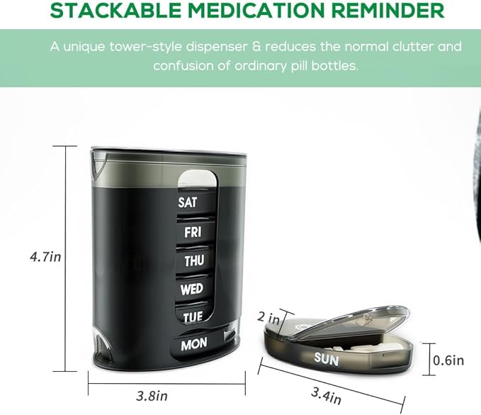 Weekly Pill Organizer (Twice-A-Day), Portable 7 Day Pill Box Case with Stackable AM/PM Compartments for Pills, Vitamin, Fish Oil, Supplements,Rainbow (Black)