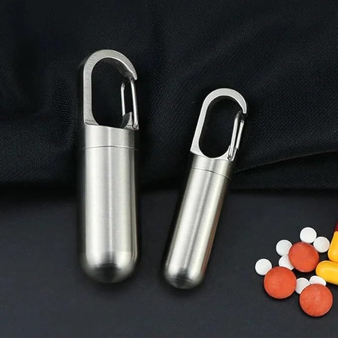 Stainless Steel Pill Box Keychain, Protable Pill Box Keychain Medicine Case Bottle, Waterproof Metal Pocket Pill Holder Medicine Bottle for Outdoor Camping Travel (L)