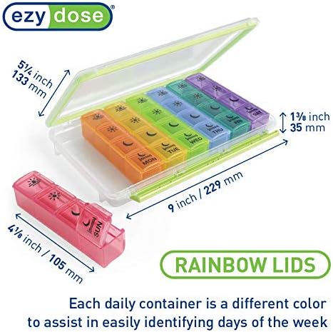 Ezy Dose Weekly (7-Day) Pill Case, Medicine Planner, Vitamin Organizer Box, Convenient and Easy to Use, X-Large Pop-Out Compartments, 4 Times a Day, Rainbow Lids with Case, BPA Free