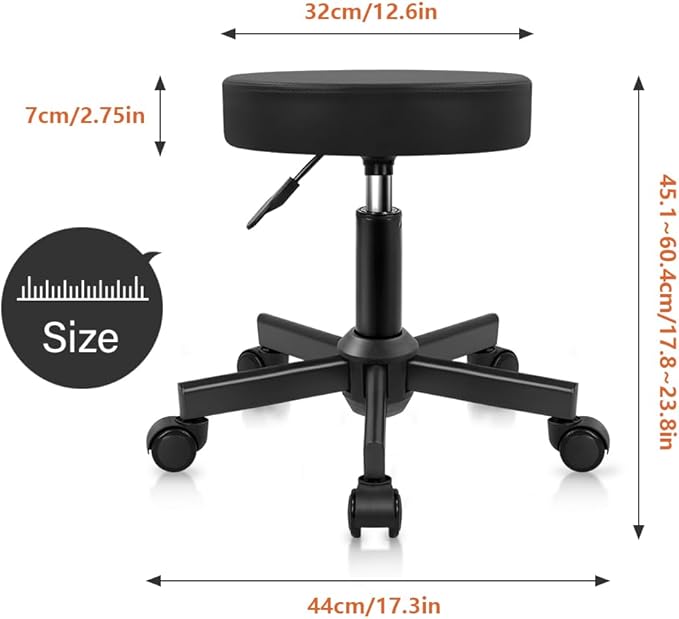 KKTONER Round Stool Rolling Stools PU Leather Height Adjustable Stool with Wheels Swivel Spa Drafting Work Chair Small (Black)