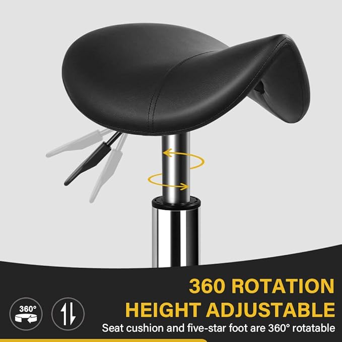 Heavy Duty Saddle Rolling Stool with Wheels Hydraulic Swivel Adjustable Rolling Stool Ergonomic Thick Leather Seat Chair for Kitchen Drafting Lab Office Salon Massage – Black