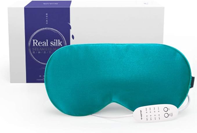 Real Silk Heated Eye Mask, Reusable USB Electric Soft Sleeping Mask with Temperature and Time Control, Comfortable Heating Steam Blindfold for Eyes Relax - Peacock Blue