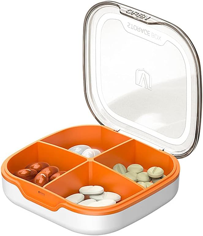 SagaSave Pill Organizer 4 Compartment Portable Pill Box - White Orange