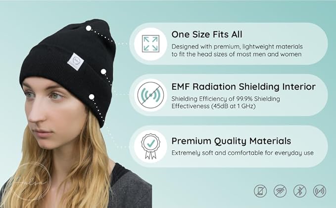 Halsa EMF Protection Hat, Faraday Beanie. Anti Radiation, EMF RF Radiation Shielding Silver Fabric Lined.