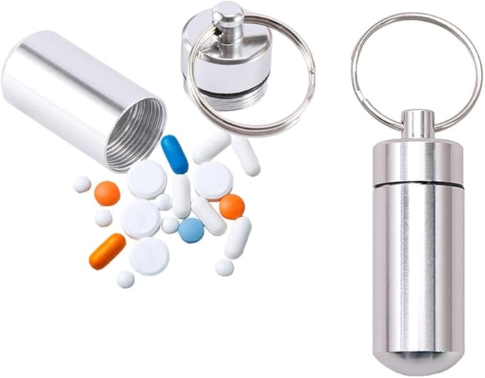 AKOAK 2 Pcs Colorful Round Aluminum Alloy Pill Bottle, Emergency Jar, Waterproof Outdoor Travel Portable Pill Bottle Key Chain (Silver)