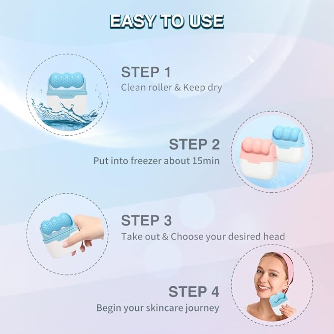 Ice Roller for Face & Eye, Puffiness & Migraine Relief 2-in-1 Stainless Steel Cold Therapy Facial Roller, Long Lasting Skin Care Tool - Blue