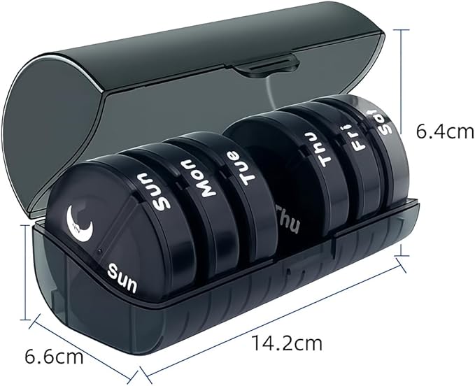 7-Day Pill Organizer with Two Compartments Per Day, Ideal for Pills/Vitamins/Fish Oil/Supplements Storage, BPA-Free and Easy to Clean (Black)