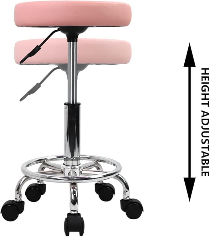 KKTONER PU Leather Round Rolling Stool with Foot Rest Swivel Height Adjustment Spa Drafting Salon Tattoo Work Office Massage Stools Task Chair (Pink)