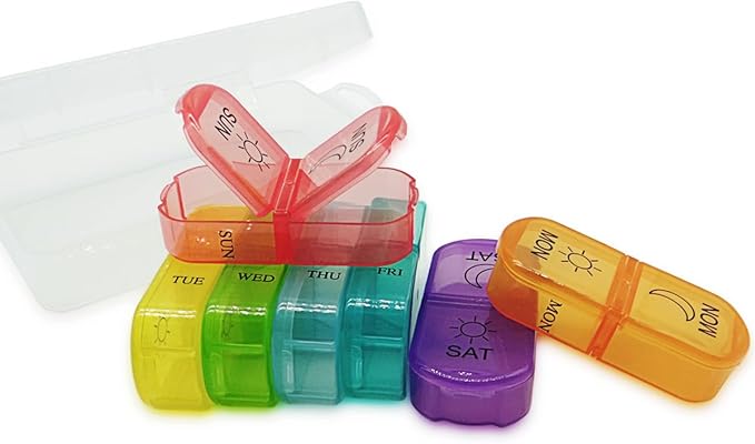 Travel Pill Organizer 7-Day for Purse Pocket, Daily Medicine Case Box with 14 Compartment Weekly Meds Container Reminder Planner AM PM Hold Medicine, Vitamin, Supplement, Fish Oil, Colorful
