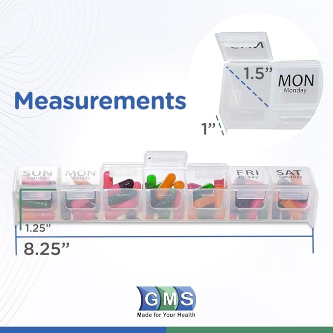 GMS Weekly Pill Organizer - 7-Day Labeled Compartment Pill Case for Supplements, Vitamins and Medication - Secure Latches - Ideal for Daily Use & Travel - Clear
