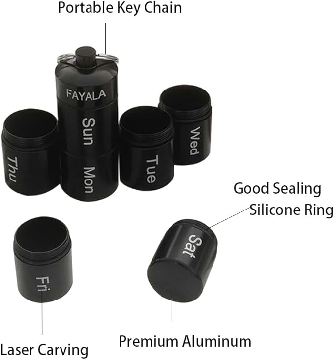 7 Days Rainbow Colour Aluminum Bottle with Carabiner ，Stackable Metal Container，Waterproof Travel Cute Holder (1 Rainbow Container and 1 Black Container)