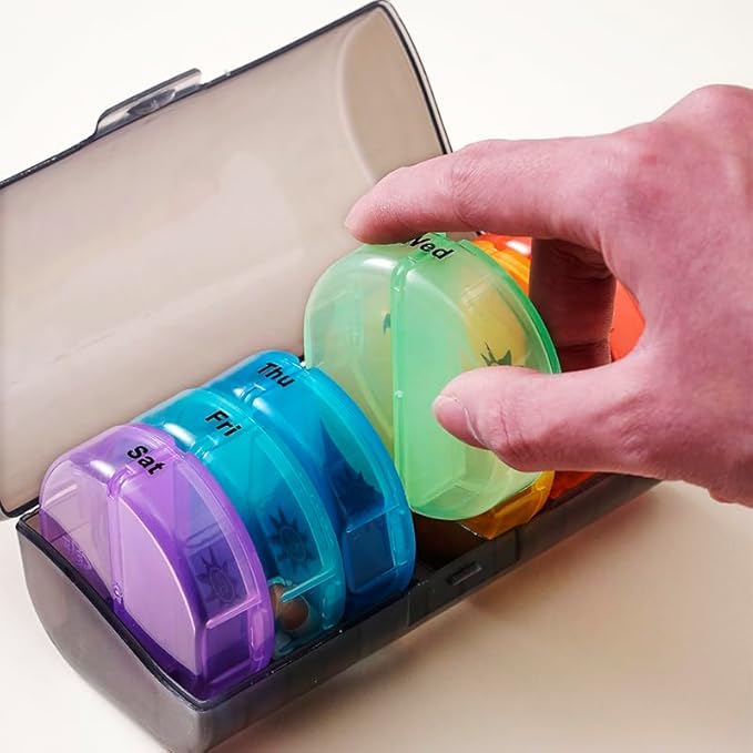 Weekly Pill Case Organizer, Twice a Day, Travel AM PM Vitamin Reminder, Colorful 14 Compartments with Box, Portable Daily Medicine Dispenser Planner for Supplement, Fish Oil, Capsule