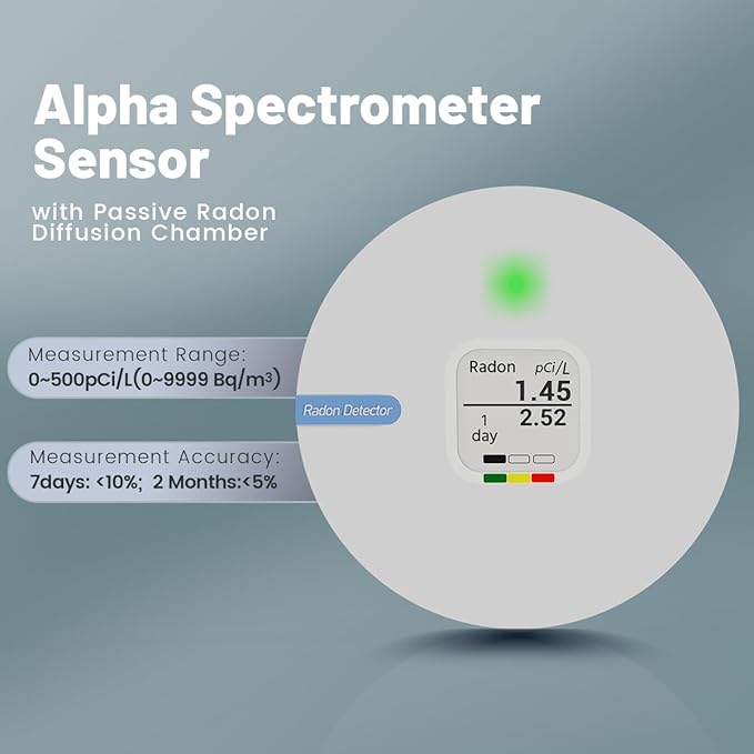 RadonSense Hello Radon C,E-Ink Display Radon Detector for Home,Alpha Spectrometer Sensor&2 Years Battery,wall Mounted&Free Standing,PCi/L & Bq/m³ Units Switchable