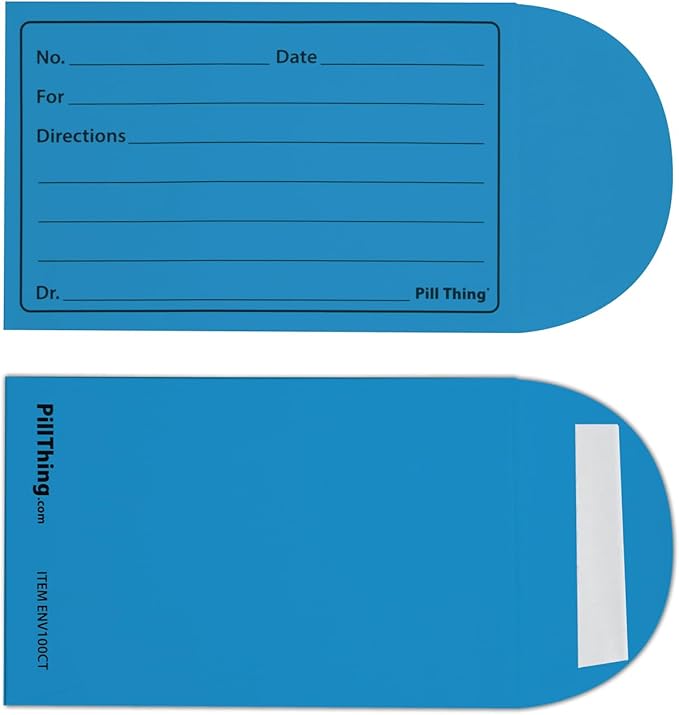 Peel and Seal Printed Pill Envelopes, 3.5" x 2.5", Easy-to-Fill Design, Secure Resealable Closure, Fits Various Medication Sizes (Blue, 100 Pack)