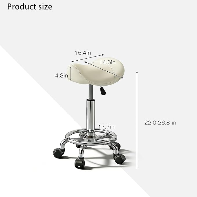 Saddle Stool with Wheels, Adjustable Rolling Stool Chair with Back Support, Ergonomic PU Leather Saddle Chair for Salon, Massage, Tattoo, Medical, Spa, Office (White, 1PCS)