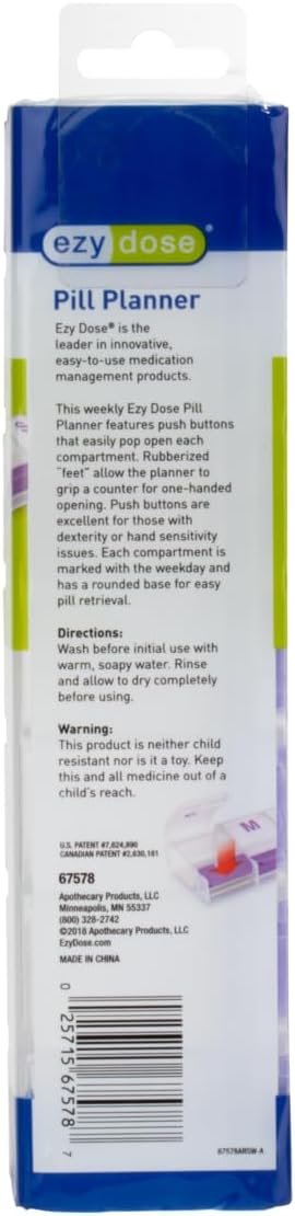 EZY DOSE Pill Organizer Weekly (7-Day), Medicine Planner, Vitamin Case/Box, 2X-Large Push-Button Compartments, Easy to Use, Travel-Friendly, Green, BPA Free