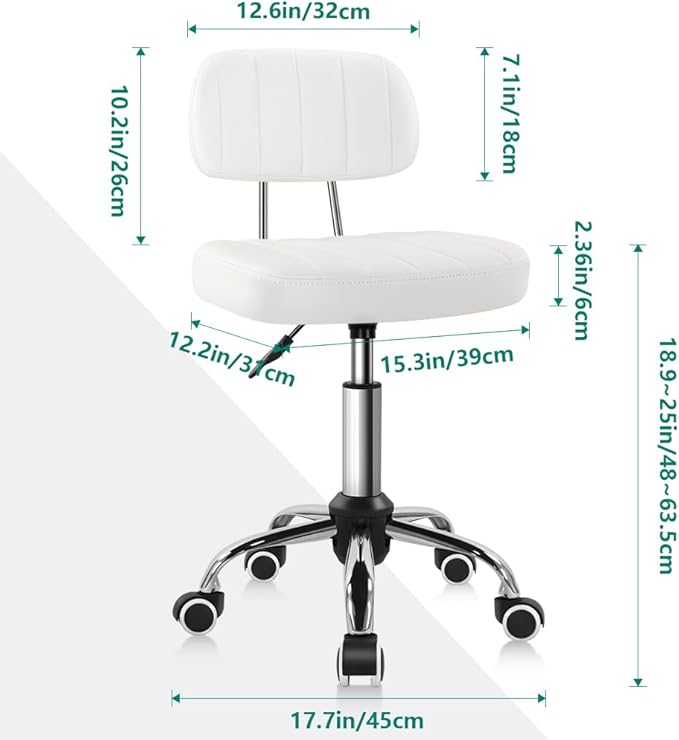 White Square Swivel Stool with Wheel for Work SPA Shop Massage Height-Adjustable and Cost-Effective Rolling Stool Chair with Back